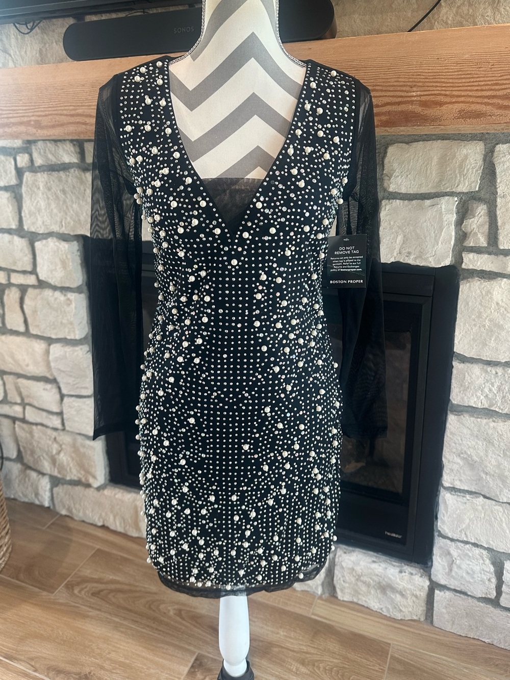 🆕NWT Boston Proper Mesh And Pearl Black Embellished Dress Size Small